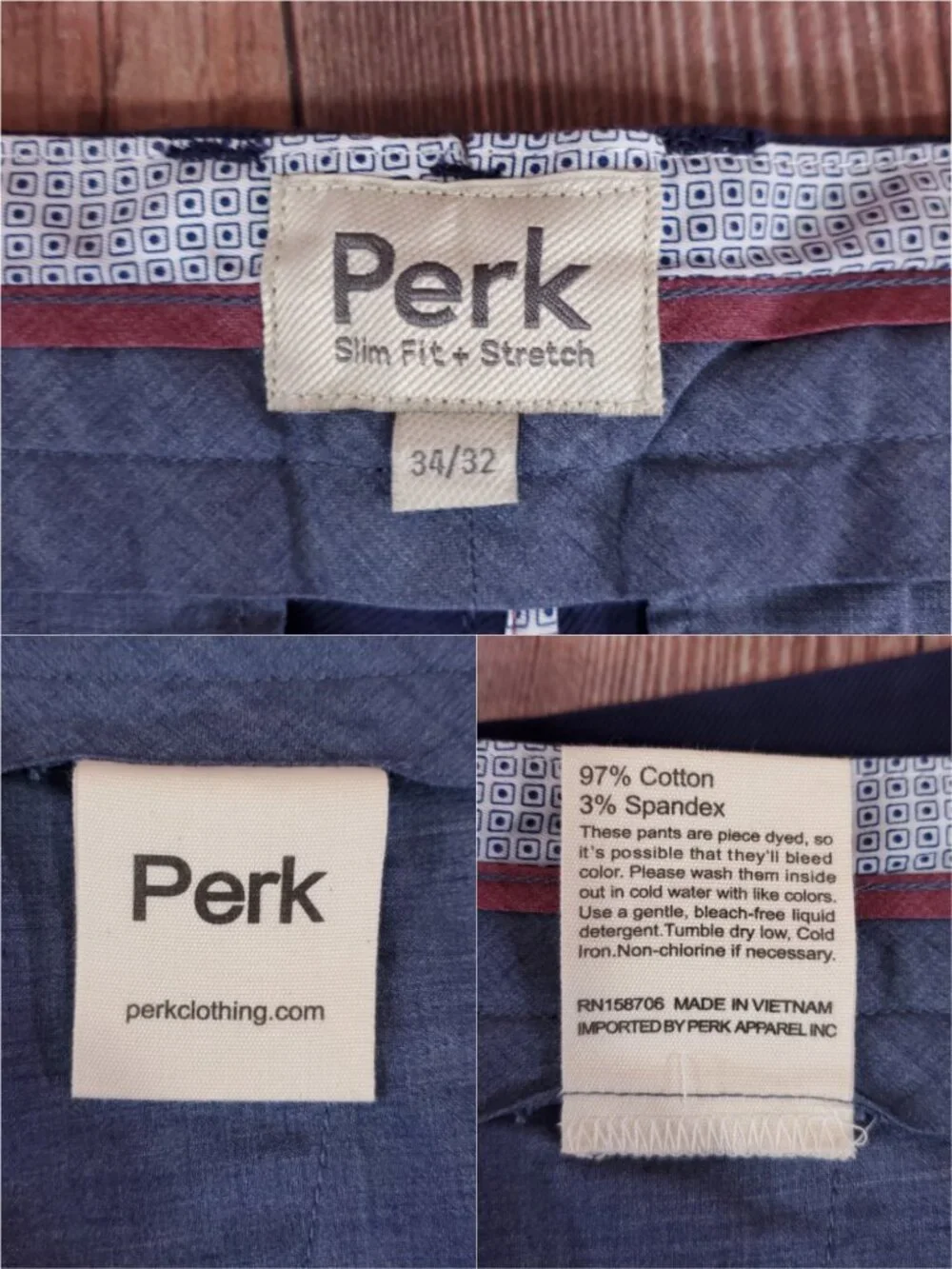 NWT Perk Clothing Feel Good Chino Mens 34x32 (31.5 Inseam) Slim Fit Stretch Navy